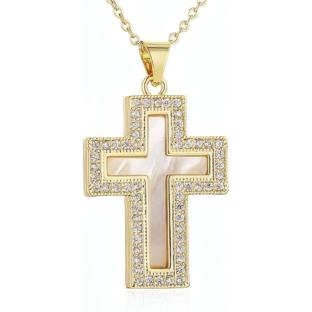 Natural Shell Cross Pendant Necklace 14K Gold Plated Cubic Zirconia for Women
